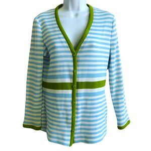 Vintage Act III Micro Ribbed Knit Cardigan V-Neck  Blue Green Striped Preppy M L